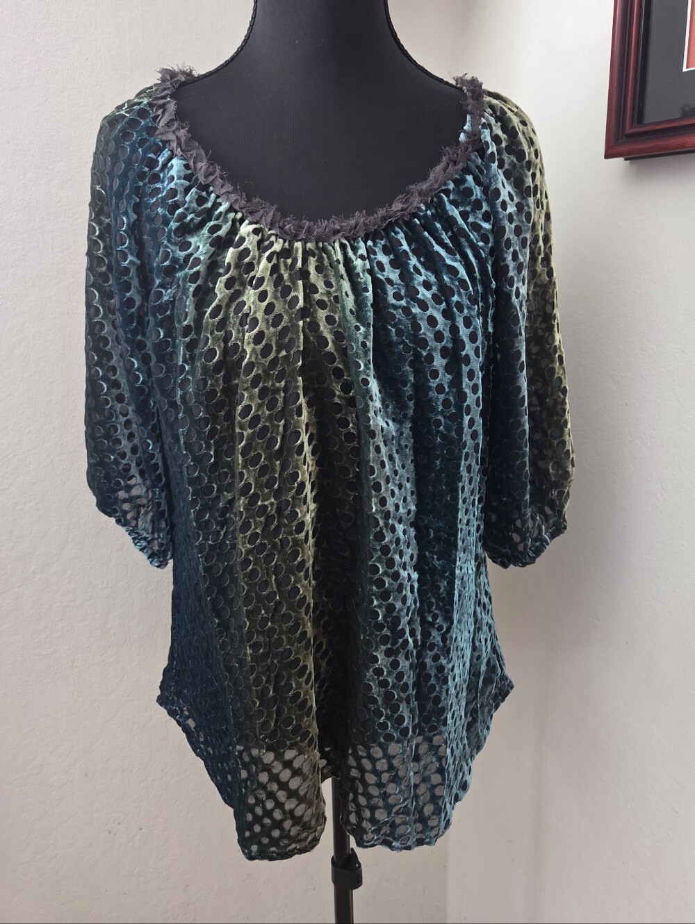 Sundance Sheer Green Blue Silk Blend Velvet Burnout Blouse Black Polka Dots Med.